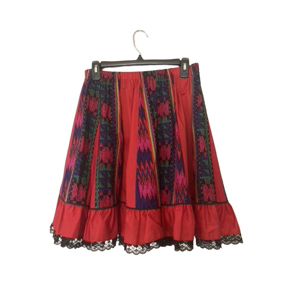 Vintage Women Spanish Latin Skirt Costume Red/Black Lace Elastic Waist - size M